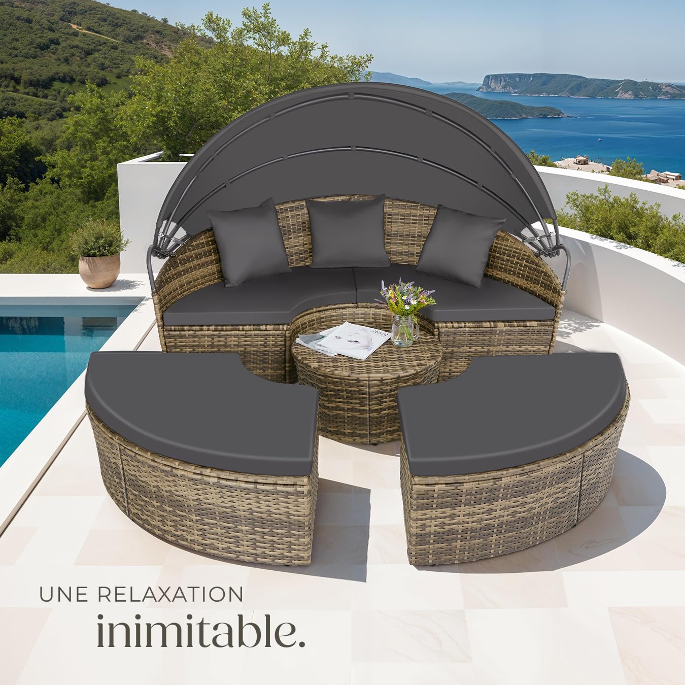 Bain de soleil jardin modulable Santorin II résine tressée 175 x 171 x 136 cm avec pare soleil pliable coussins inclus