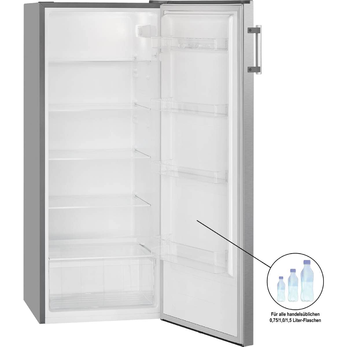 Kühlschrank ohne Gefrierfach 242 L, 143 cm hoch, Energieklasse E, 0 °C bis +8 °C, leise 40 dB, inox