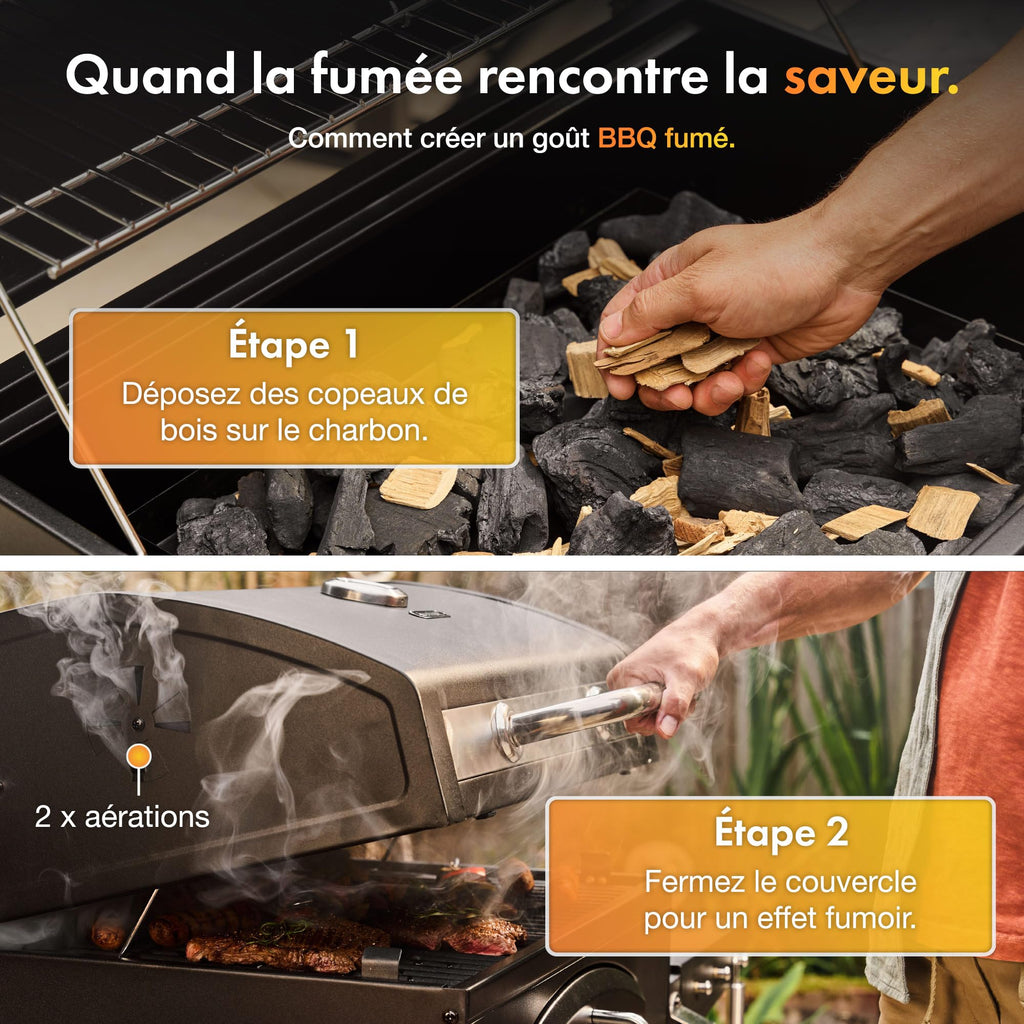 Barbecue charbon XL avec couvercle grill et fumoir 2 en 1 grille en fonte thermomètre intégré