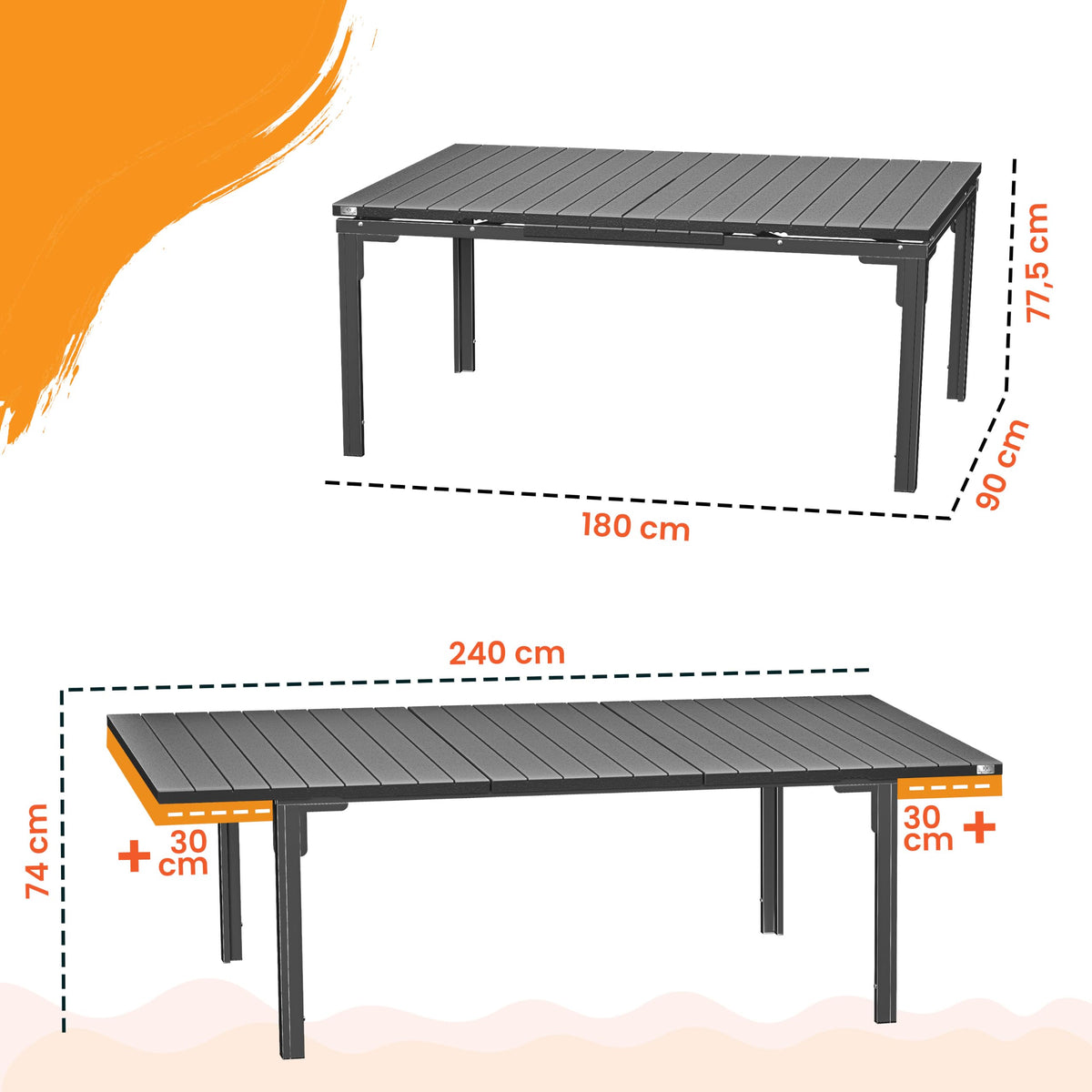 Ausziehbarer Gartentisch 180 bis 240 x 90 cm für 6 bis 8 Personen mit Stahlgestell und HDPE-Tischplatte