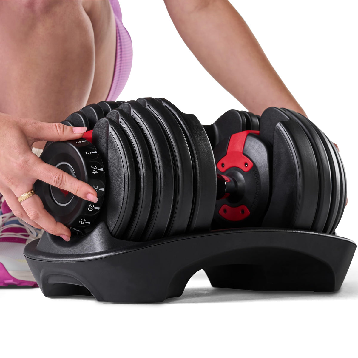 Verstellbare Hantel mit 15 Gewichtsstufen von 2 bis 24 kg, SelectTech Drehgriff-System und Ablageschale für Krafttraining zuhause