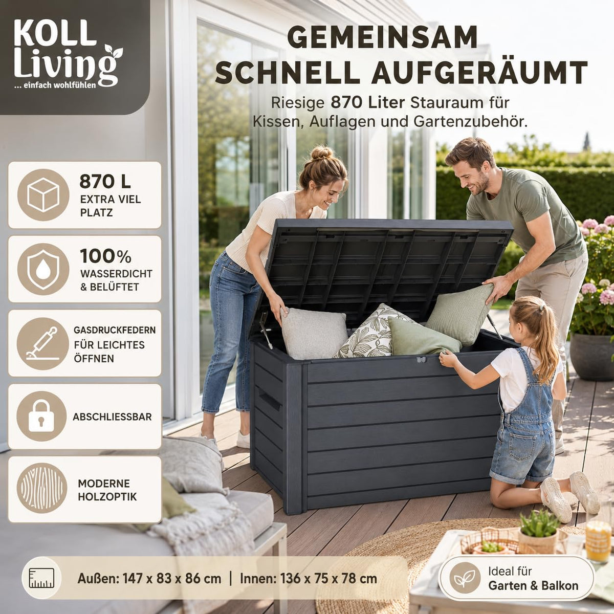 Auflagenbox 870 L in Holzoptik, abschließbar und wasserdicht mit Belüftung, Deckel bis 50 kg belastbar