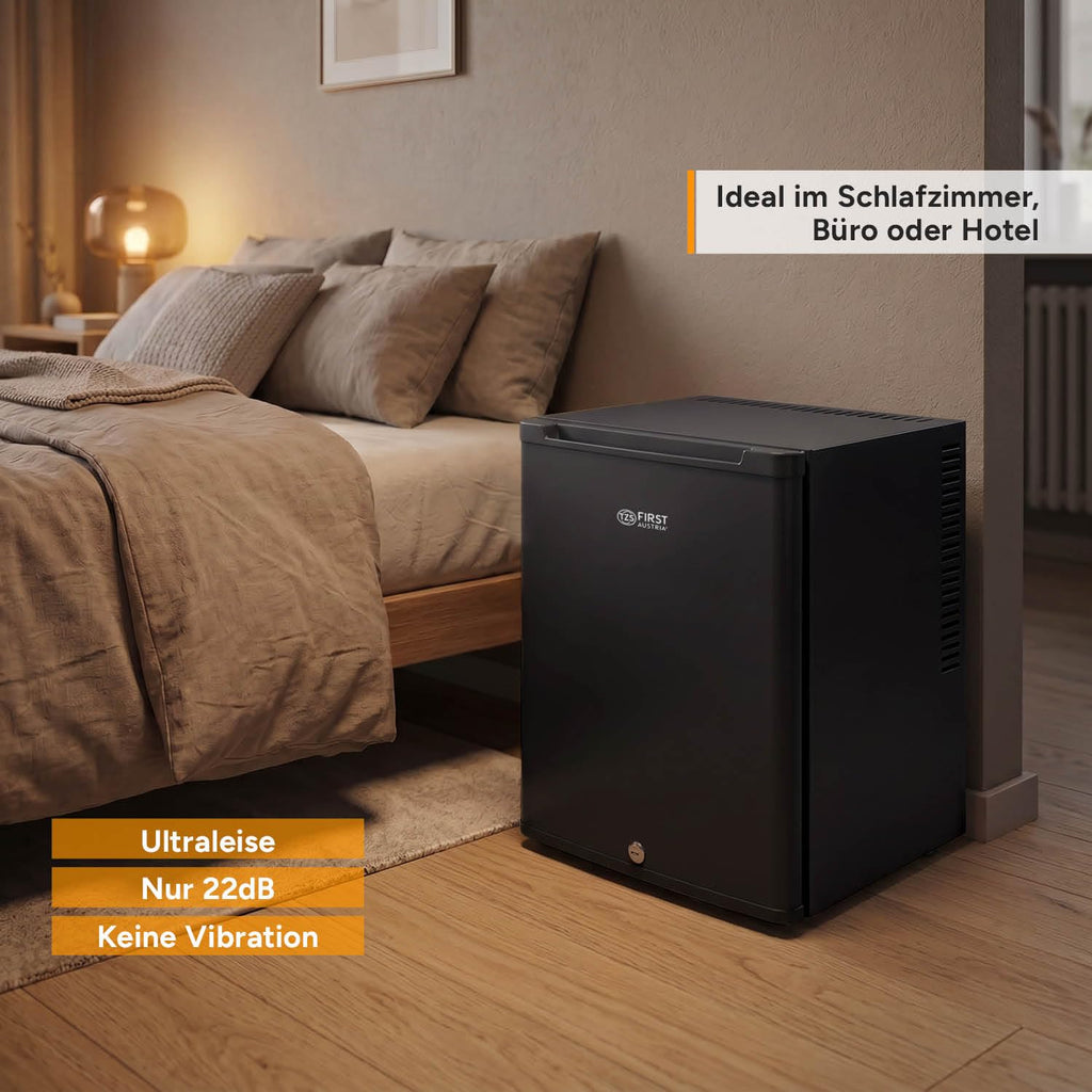 Mini Kühlschrank 40 L, nahezu lautlos mit 22 dB, abschließbar inkl. 2 Schlüsseln, wechselbarer Türanschlag und Innenbeleuchtung, Minibar für Camping