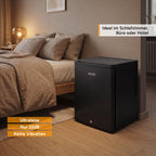 Mini Kühlschrank 40 L, nahezu lautlos mit 22 dB, abschließbar inkl. 2 Schlüsseln, wechselbarer Türanschlag und Innenbeleuchtung, Minibar für Camping
