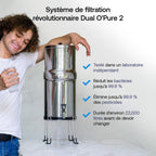 Système de filtration d'eau par gravité Earth WEEP850 8,5 L en acier inoxydable AISI 304 avec 2 filtres O'Pure 2 et robinet indicateur de niveau