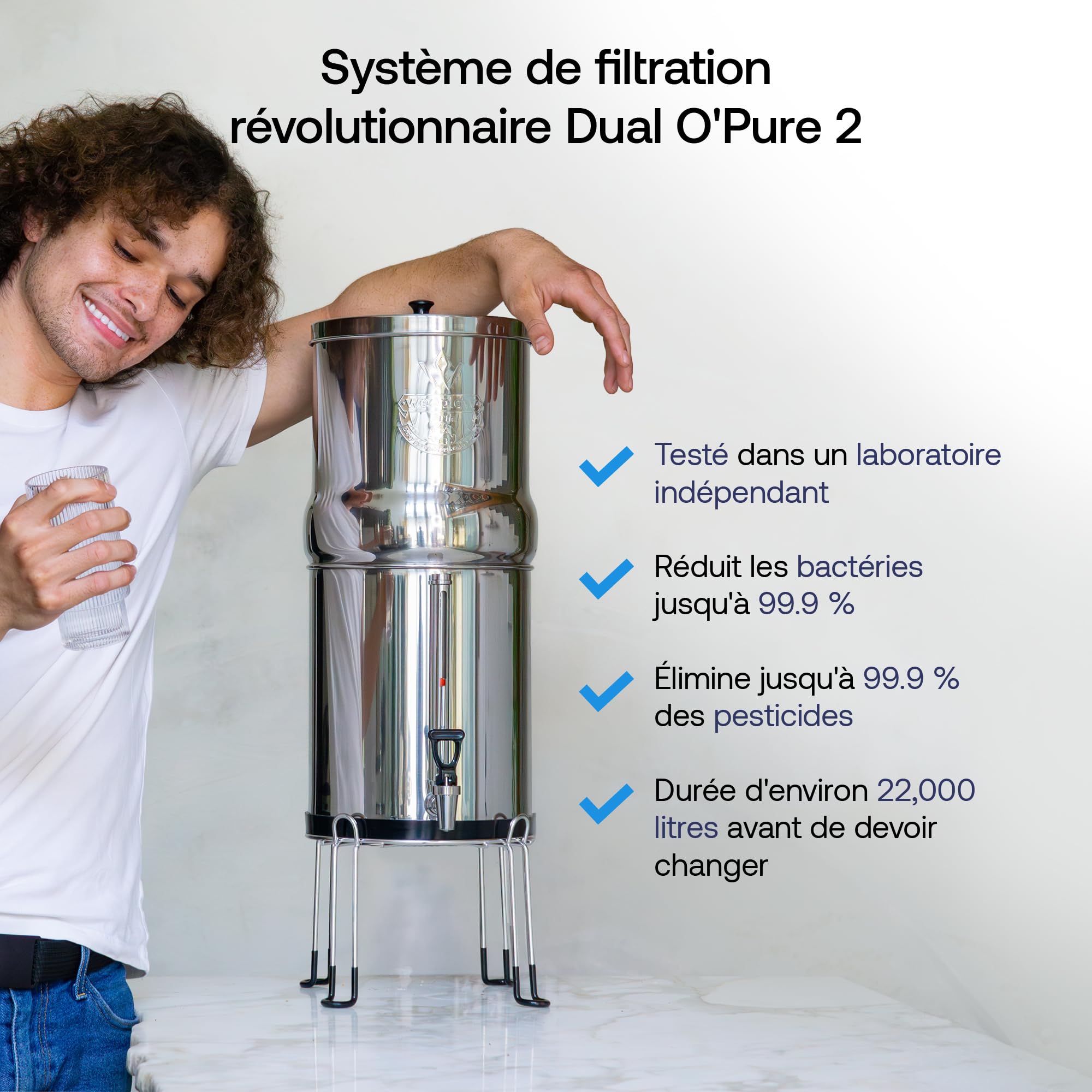 Système de filtration d'eau par gravité Earth WEEP850 8,5 L en acier inoxydable AISI 304 avec 2 filtres O'Pure 2 et robinet indicateur de niveau