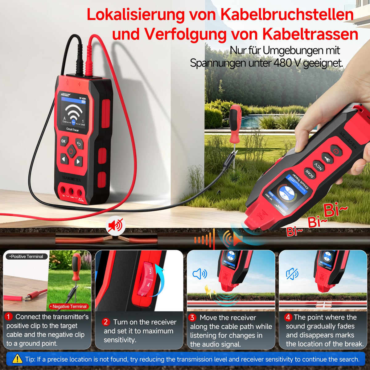Kabelsuchgerät mit Digitalmultimeter, 8-stufiger Empfindlichkeit, für Wand- und Erdkabel sowie Sicherungs- und Bewässerungsleitungen