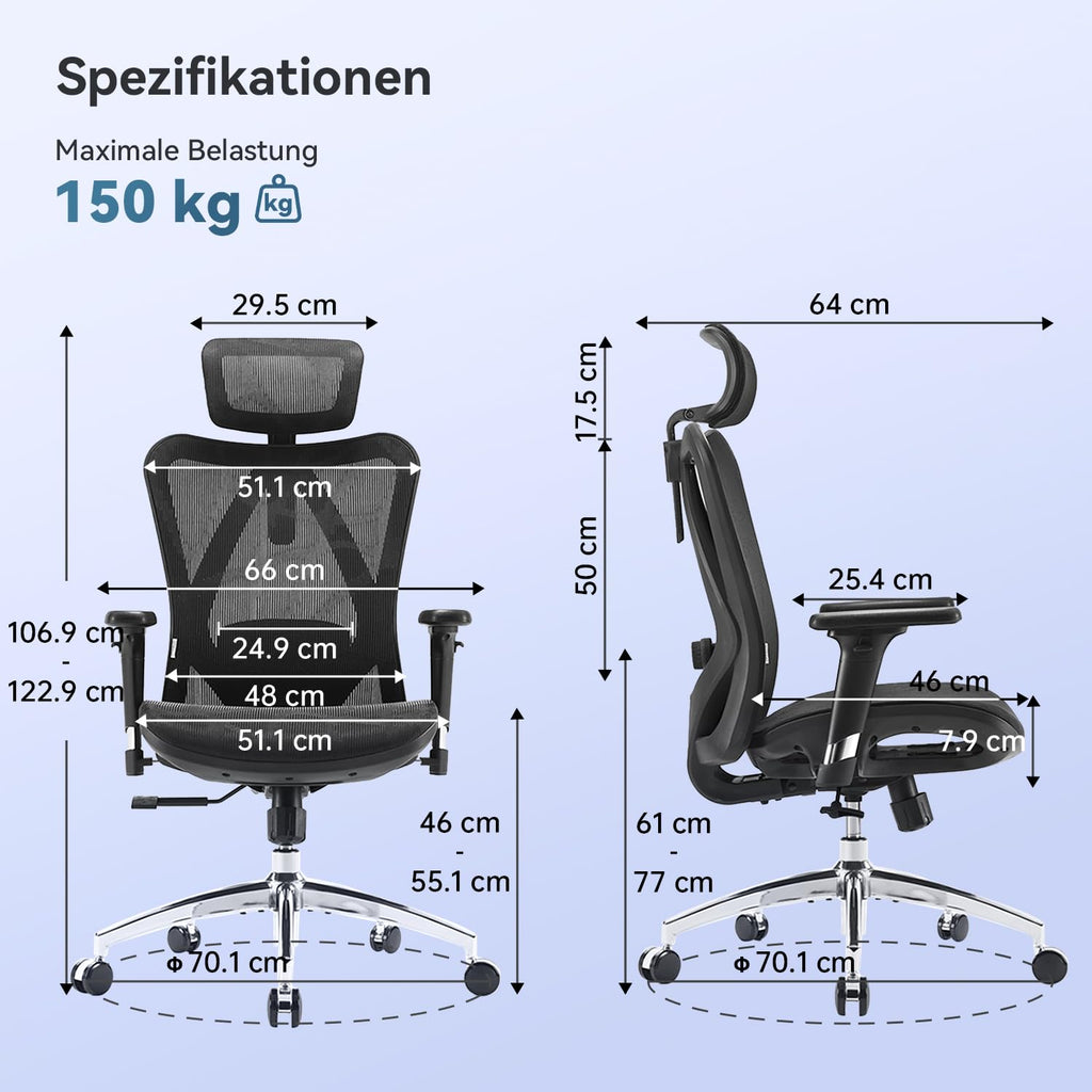 Ergonomischer Bürostuhl M57 mit 3D-Armlehne und Lendenwirbelstütze, Netz-Hochlehne, bis 150 kg, schwarz