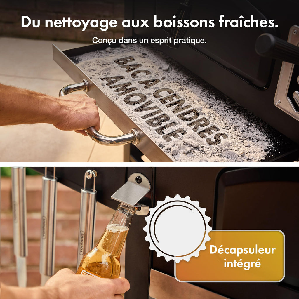 Barbecue charbon XL avec couvercle grill et fumoir 2 en 1 grille en fonte thermomètre intégré