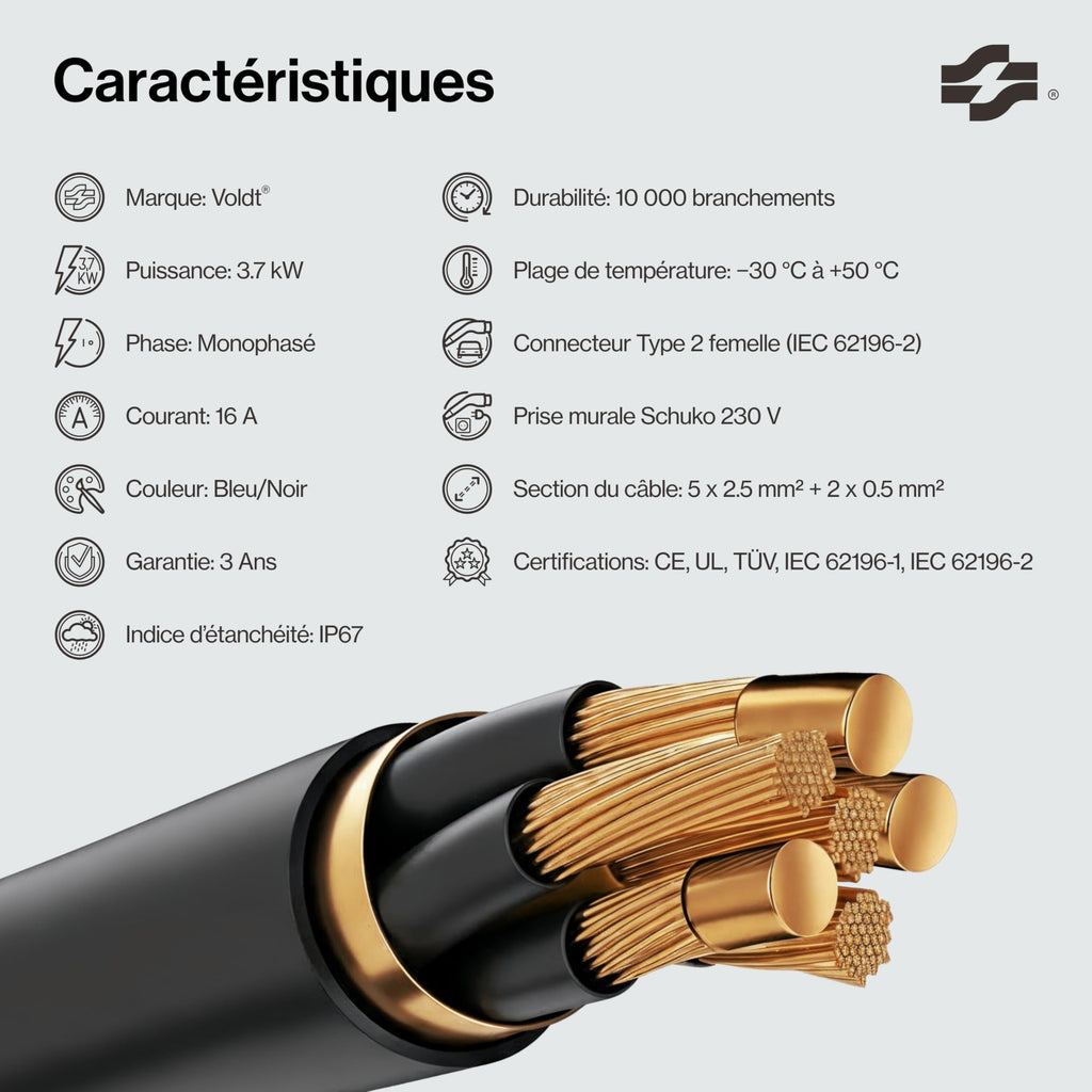 Câble de recharge Type 2 Schuko 3,7 kW réglable 8A 16A avec affichage numérique pour voiture électrique longueur 5 m