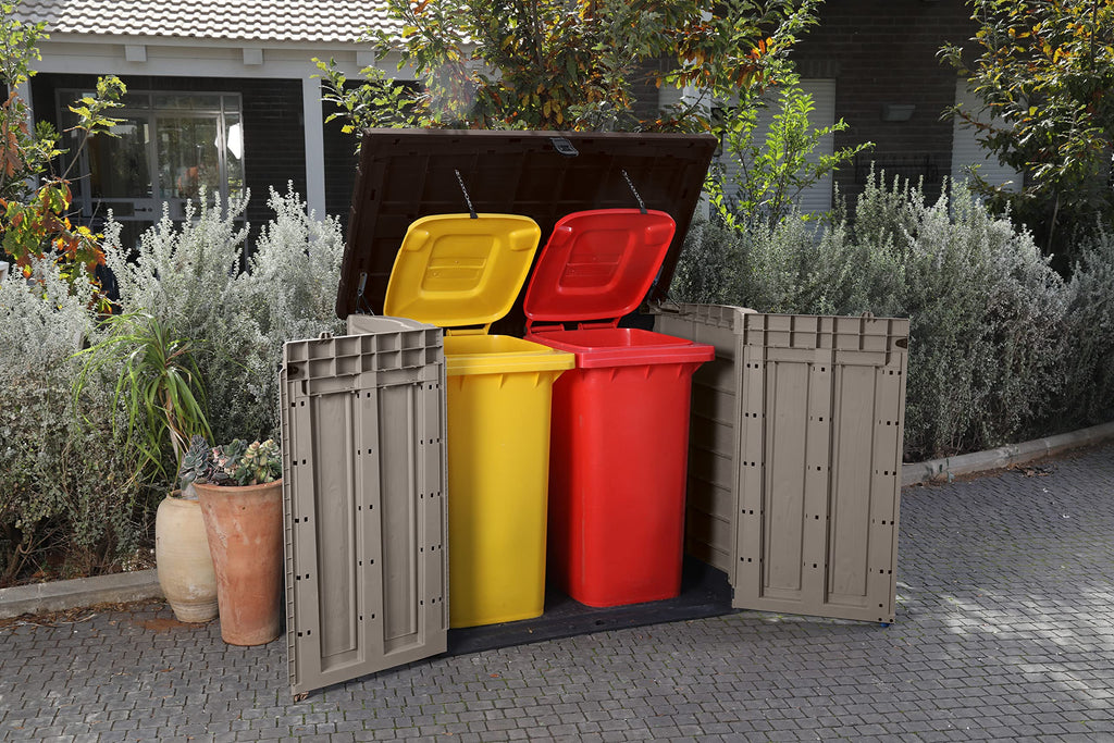 Abri poubelle extérieur 1200 litres en polypropylène imitation lattes de bois avec plancher porte verrouillable dimensions 145,5 x 82 x 123 cm
