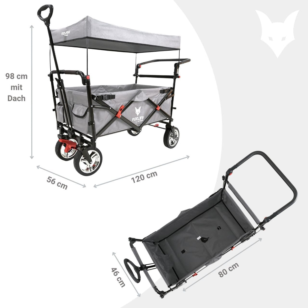Faltbarer Bollerwagen FX-CT700 für 2 Kinder, grau, mit gepolstertem Innenraum, Sonnendach und Feststellbremsen, 75 kg Tragkraft