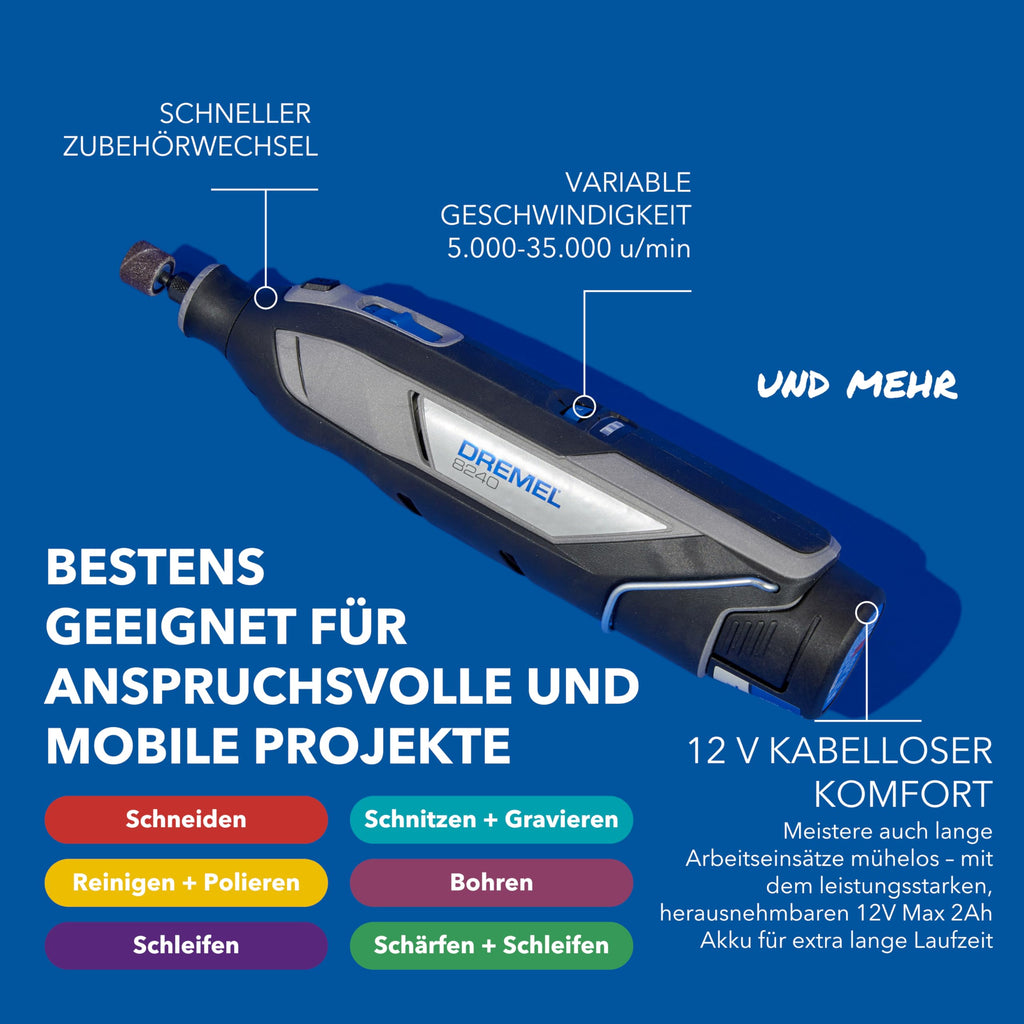 Akku-Multitool 12V 2Ah mit 2 Akkus, 5 Aufsätzen und 65 Zubehören in Dremel Box zum Schneiden, Gravieren, Schleifen und Polieren