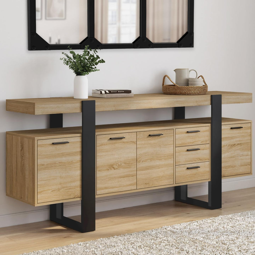 Buffet Phoenix XXL 180 cm avec 4 portes 3 tiroirs et étagères réglables en bois et noir style industriel
