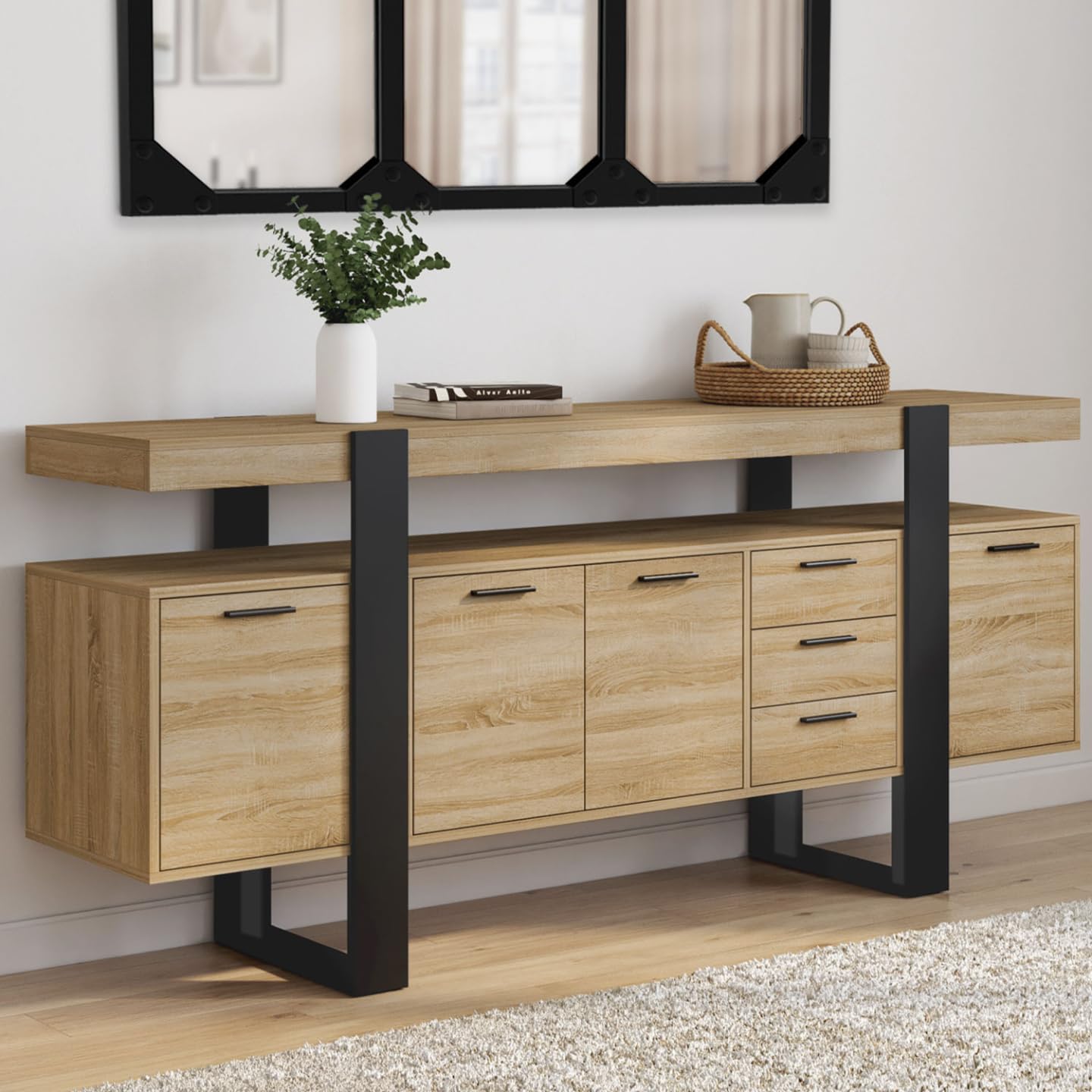 Buffet Phoenix XXL 180 cm avec 4 portes 3 tiroirs et étagères réglables en bois et noir style industriel