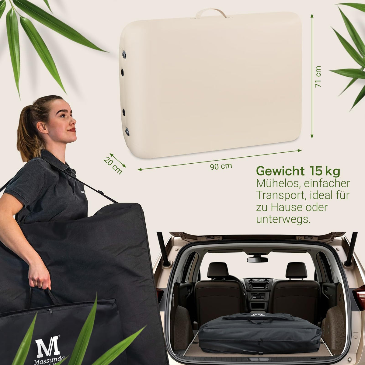Mobile Massageliege klappbar und höhenverstellbar, extra breit 71 cm, aus Vollholz mit Kopfstütze, Armlehne und Zubehör, Creme
