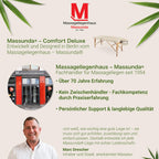 Mobile Massageliege klappbar und höhenverstellbar, extra breit 71 cm, aus Vollholz mit Kopfstütze, Armlehne und Zubehör, Creme