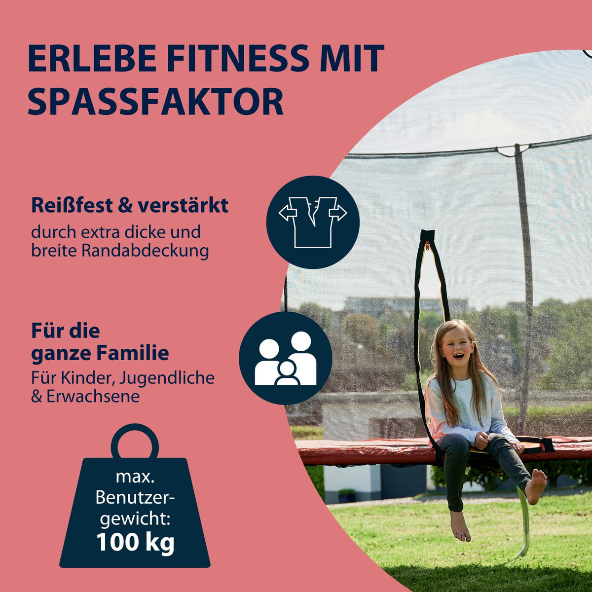 Gartentrampolin mit Sicherheitsnetz und extra breiter Randabdeckung, rund, für Kinder und Erwachsene bis 100 kg