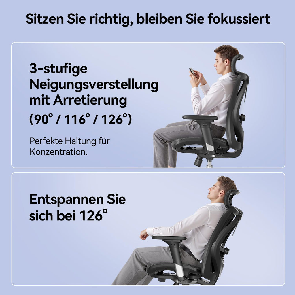 Ergonomischer Bürostuhl M57 mit 3D-Armlehne und Lendenwirbelstütze, Netz-Hochlehne, bis 150 kg, schwarz