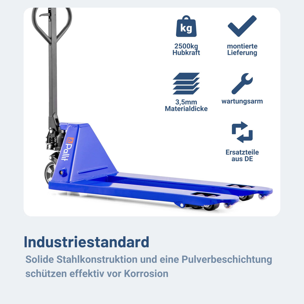 Hubwagen 2500 kg aus Stahl mit 1150 mm Gabellänge und Polyurethan-Lenkrädern für Euro-Paletten