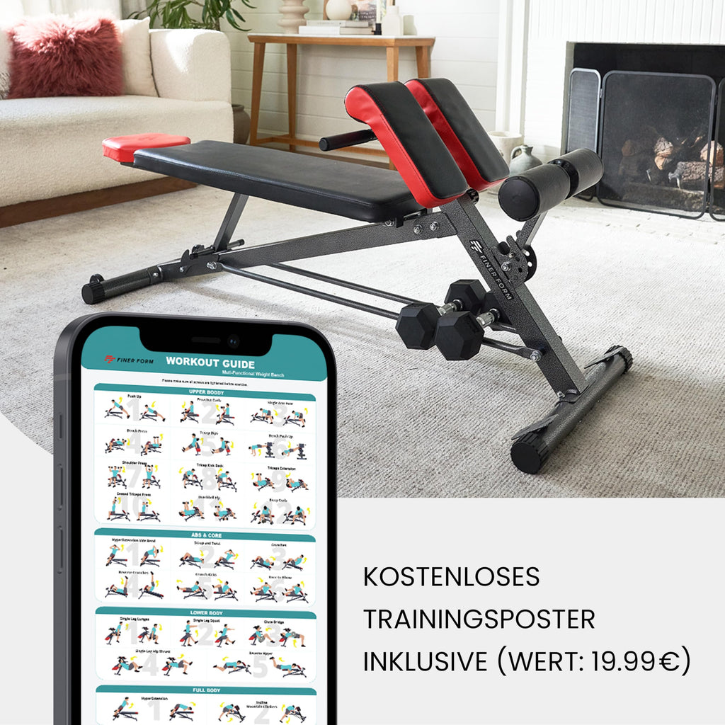 Multifunktionale Hantelbank mit Bauch- und Rückentrainer, 8-fach verstellbar, inkl. Übungsposter