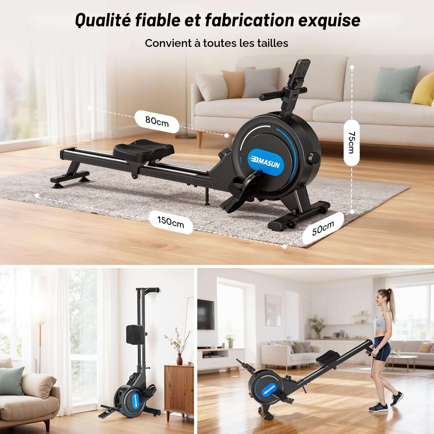 Rameur magnétique d'appartement 16 niveaux résistance double rail écran LED Bluetooth capacité 160 kg