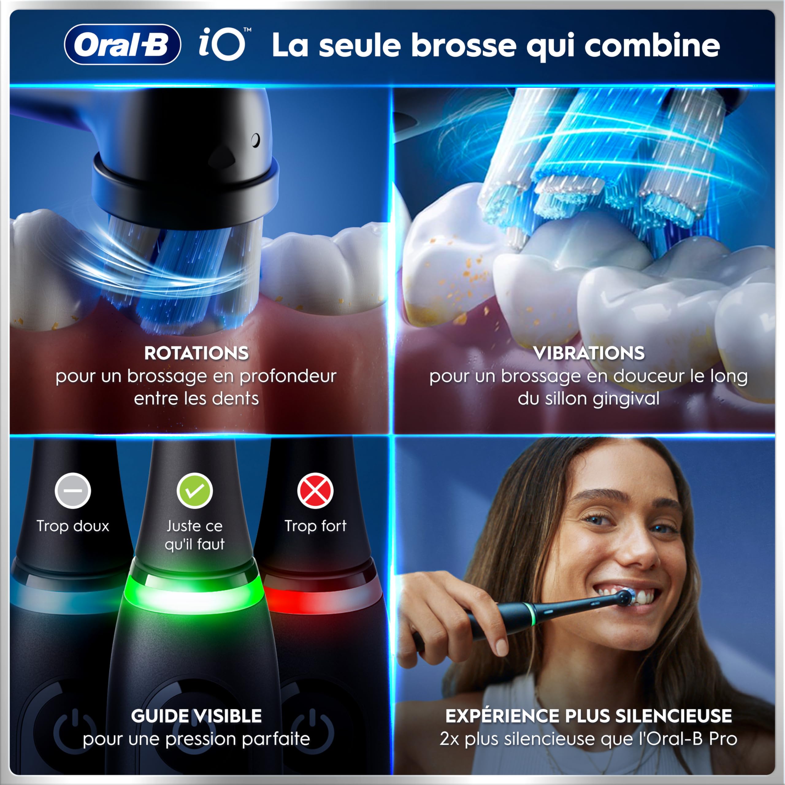 Brosse à dents électrique iO 6 avec 3 brossettes de rechange 5 modes de brossage capteur de pression écran interactif étui