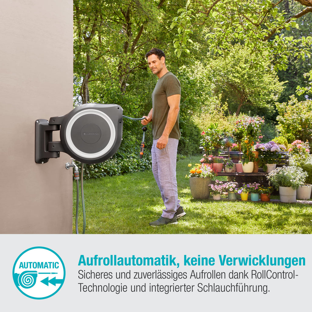 Wand-Schlauchbox RollUp L mit 30 m Schlauch, schwenkbar und frostsicher, inkl. Reinigungsspritze und Brause