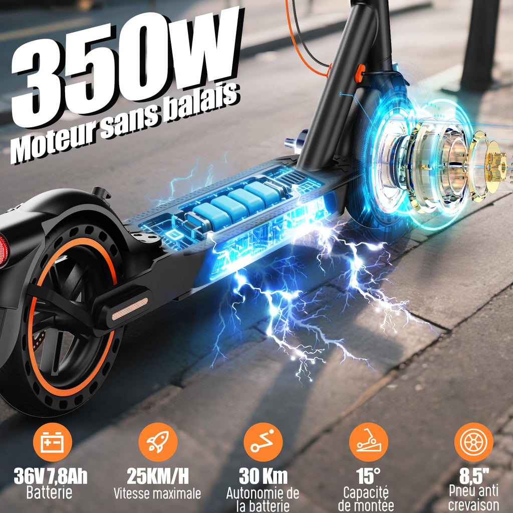 Trottinette électrique adulte T3 350W 36V 7.8Ah 25 km/h pliable pneus nid d'abeille autonomie 35 km charge 120 kg