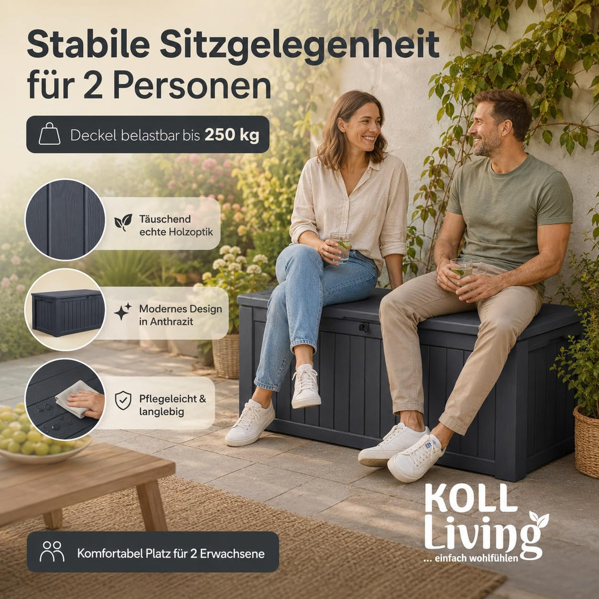 Auflagenbox 570 L aus Kunststoff in Anthrazit mit Holzoptik, wasserdicht und belüftet, Deckel bis 250 kg belastbar
