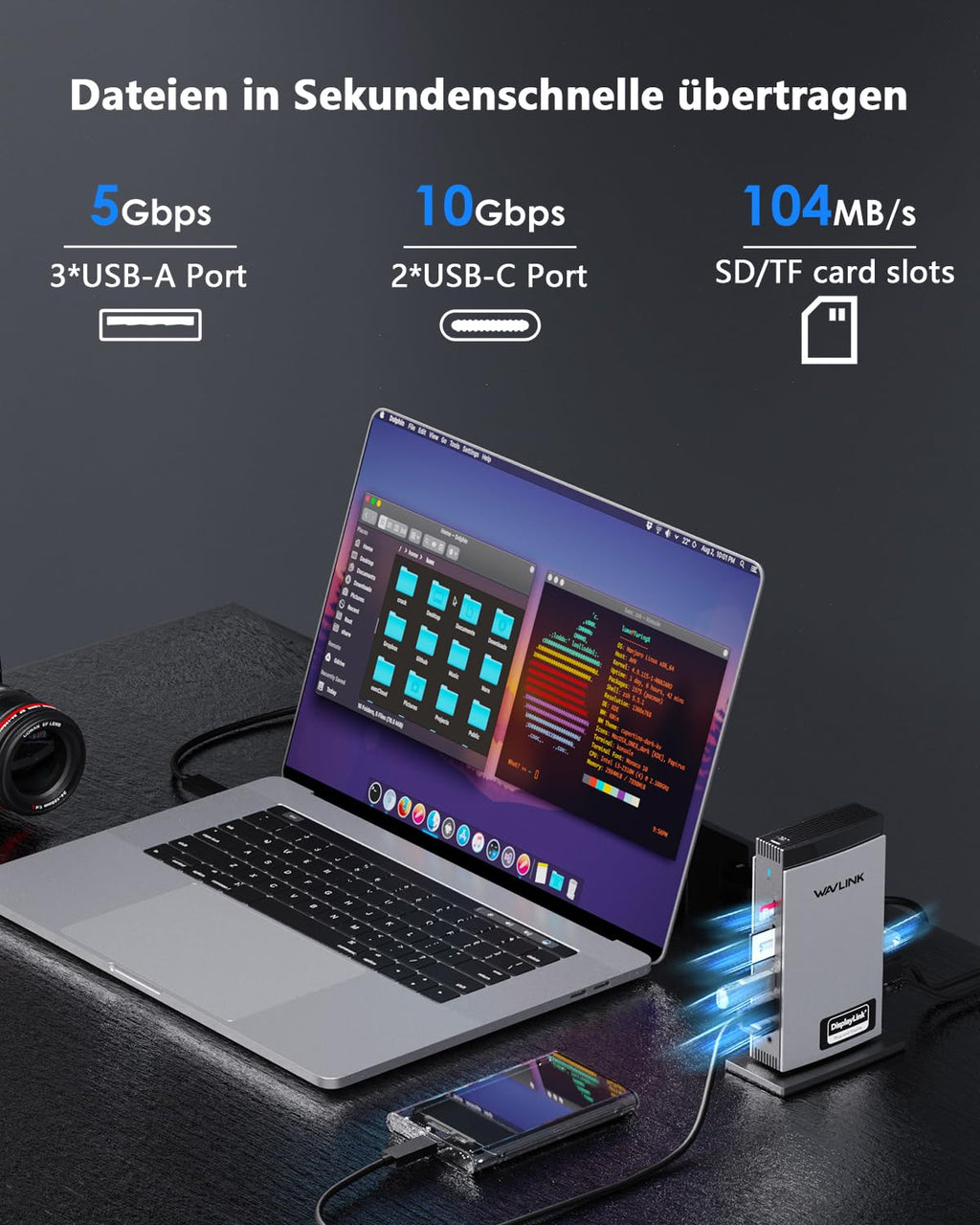 Dockingstation mit DisplayLink für Dreifach-Display, 3x HDMI und 2x DisplayPort, 4K bei 60 Hz