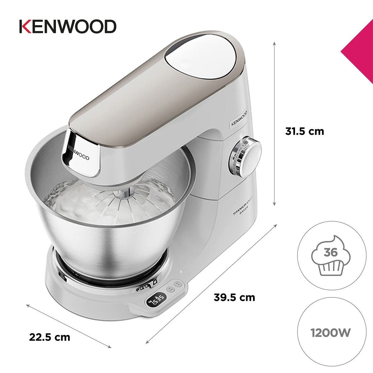 Küchenmaschine mit Waage und 5 l Edelstahlschüssel, 1200 W, inkl. 3-teiligem Patisserie-Set, Weiß