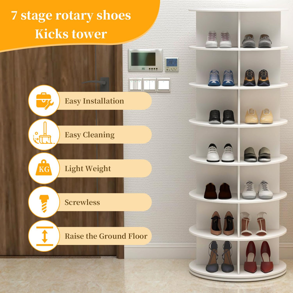 Drehbares Schuhregal 7 Etagen 360 Grad rund 28 Fächer aus PVC für Schuhe Taschen und Accessoires platzsparend Weiß