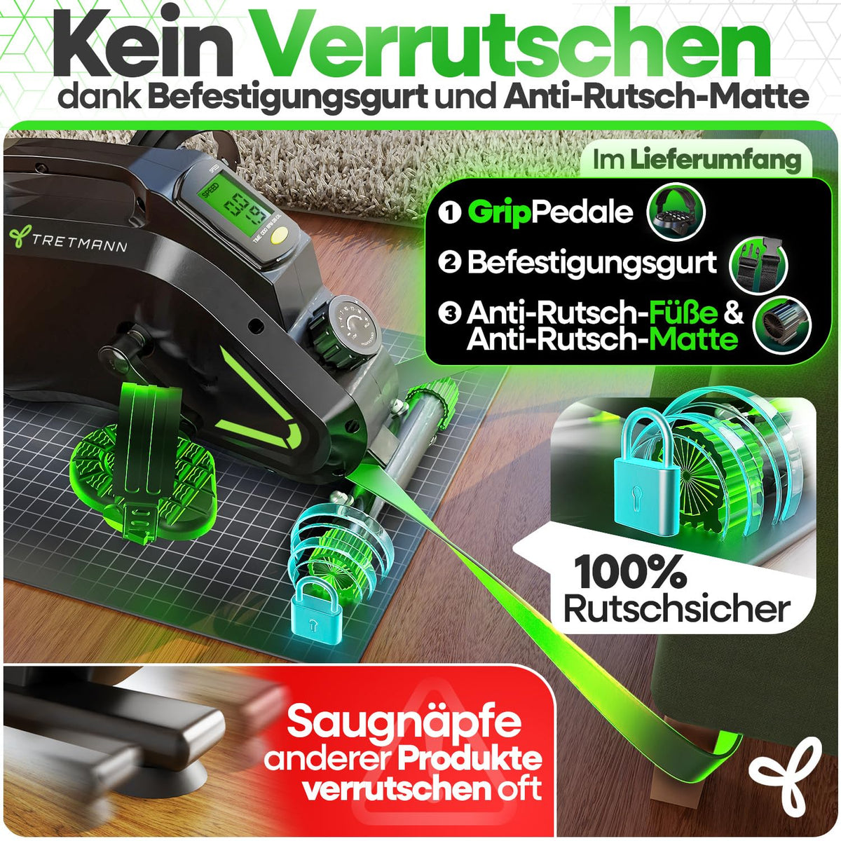 Pedaltrainer Pro mit Anti-Rutsch-Set, Mini-Heimtrainer für Beine, bis 150 kg, leise
