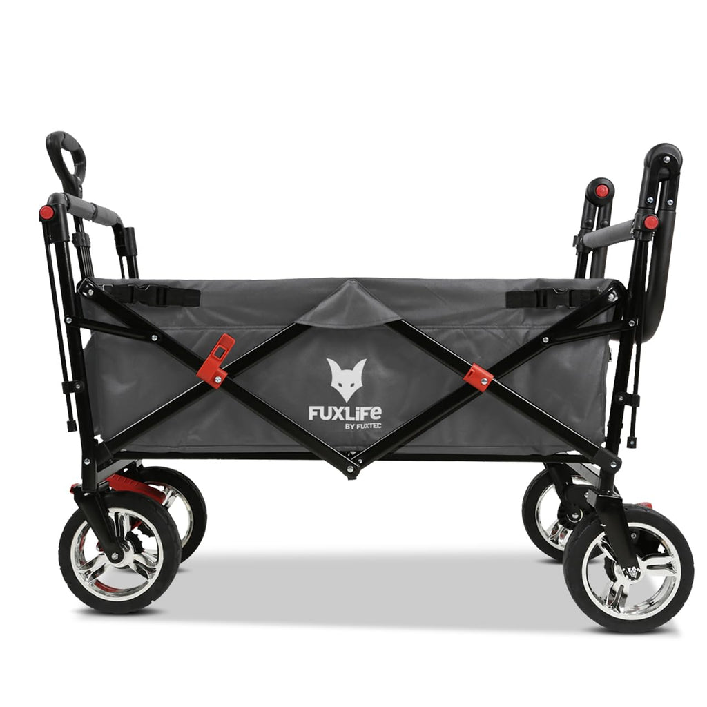 Faltbarer Bollerwagen FX-CT700 für 2 Kinder, grau, mit gepolstertem Innenraum, Sonnendach und Feststellbremsen, 75 kg Tragkraft