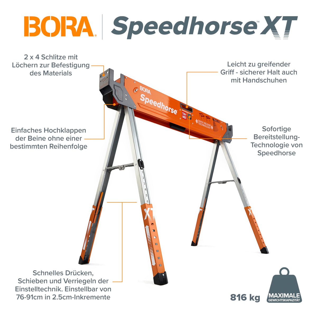 Arbeitsböcke höhenverstellbar 2er Set Speedhorse XT PM-4550T, klappbar bis 91 cm, 680 kg pro Bock