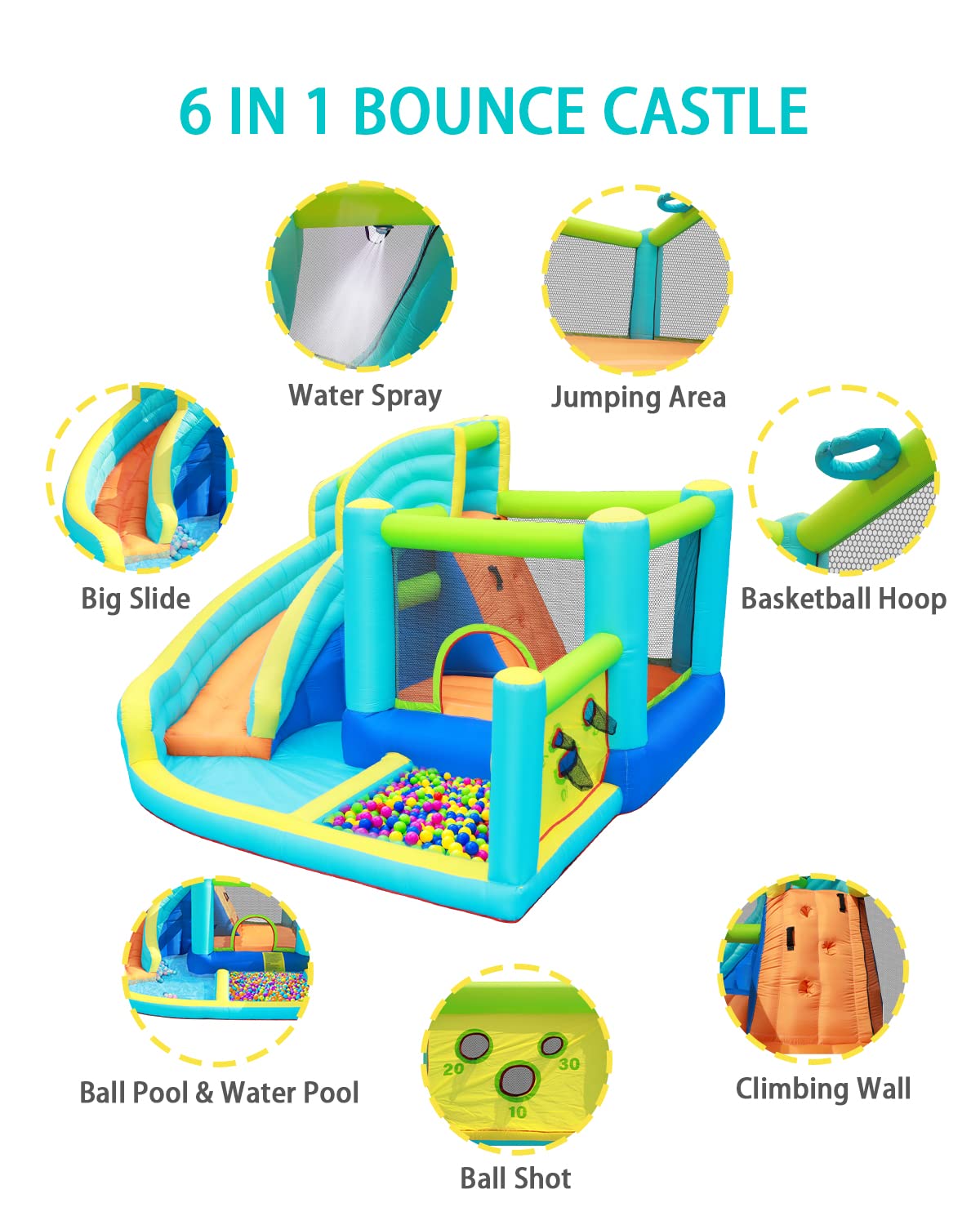 Château gonflable enfant parc aquatique avec toboggan trampoline piscine mur d'escalade panier de basket 340 x 360 x 218 cm