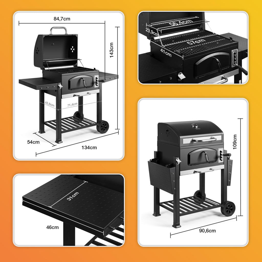Barbecue charbon XL avec couvercle grill et fumoir 2 en 1 grille en fonte thermomètre intégré