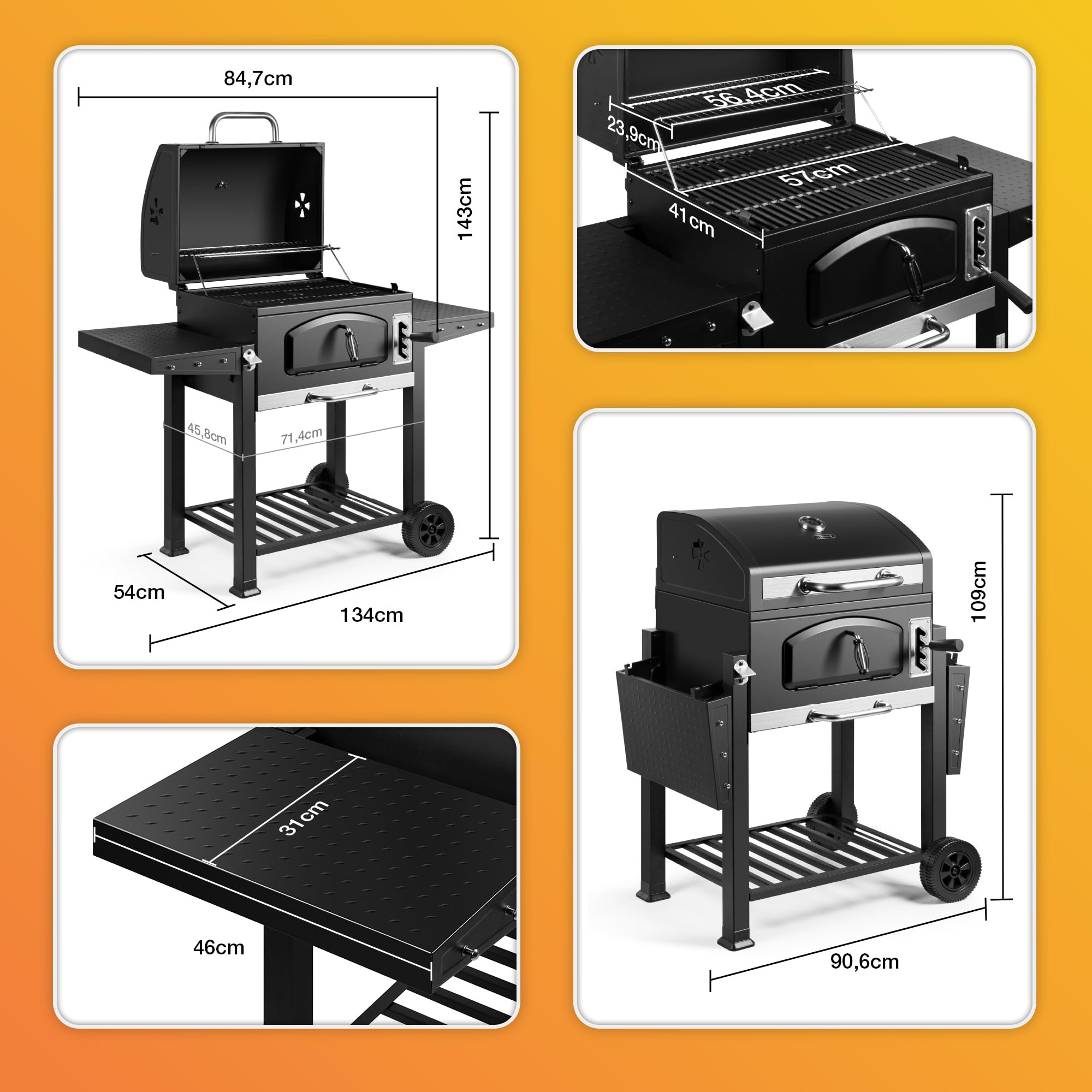 Barbecue charbon XL avec couvercle grill et fumoir 2 en 1 grille en fonte thermomètre intégré
