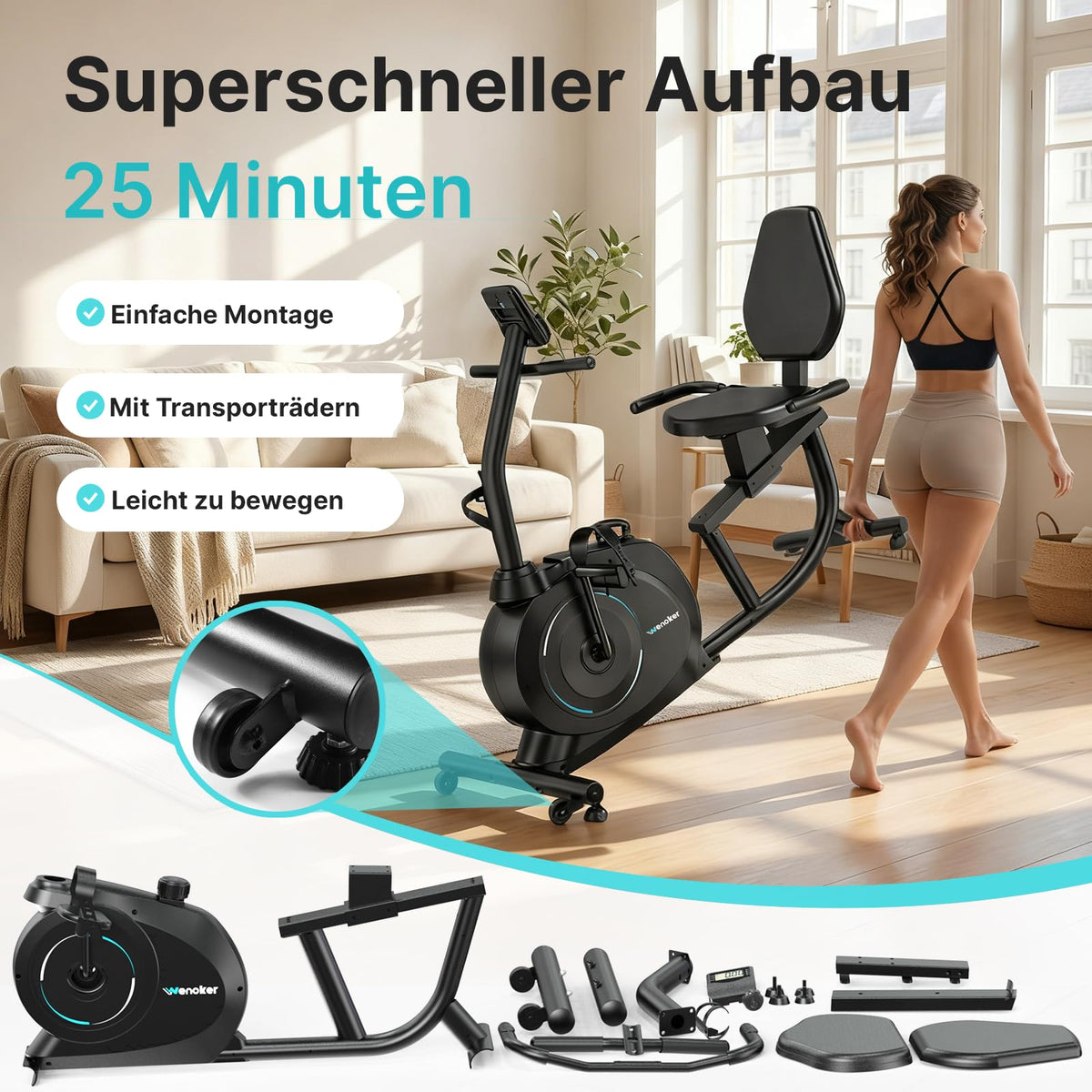 Liegeergometer mit 16 magnetischen Widerstandsstufen und LCD-Anzeige, bis 160 kg, verstellbarer Sitz und Lenker