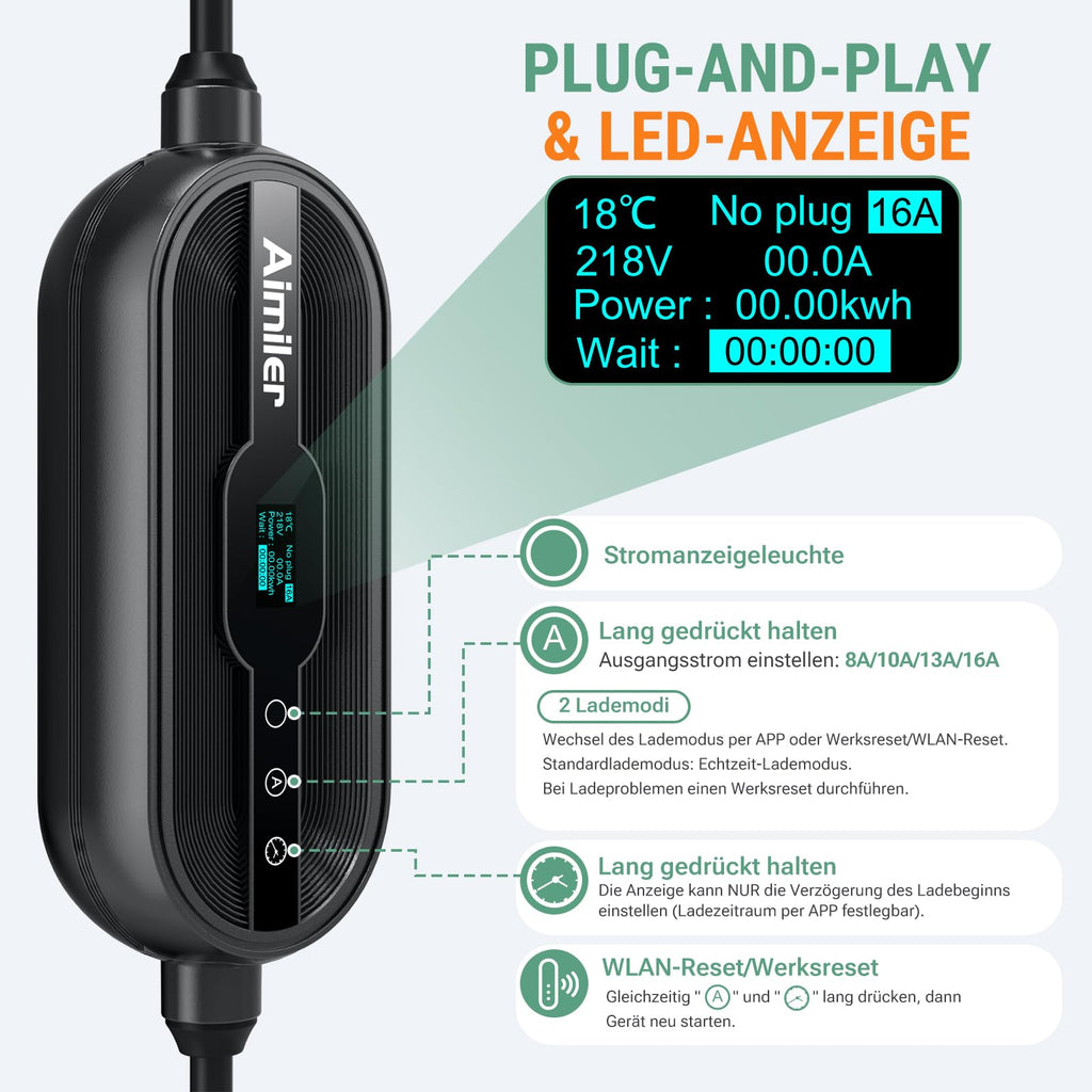 Mobile Wallbox 11 kW mit App-Steuerung, 400 V, 8-16 A, 3-phasig, 7,6 m Typ-2-Ladekabel, IP66, OLED, inkl. Transporttasche und Wandhalterung, schwarz