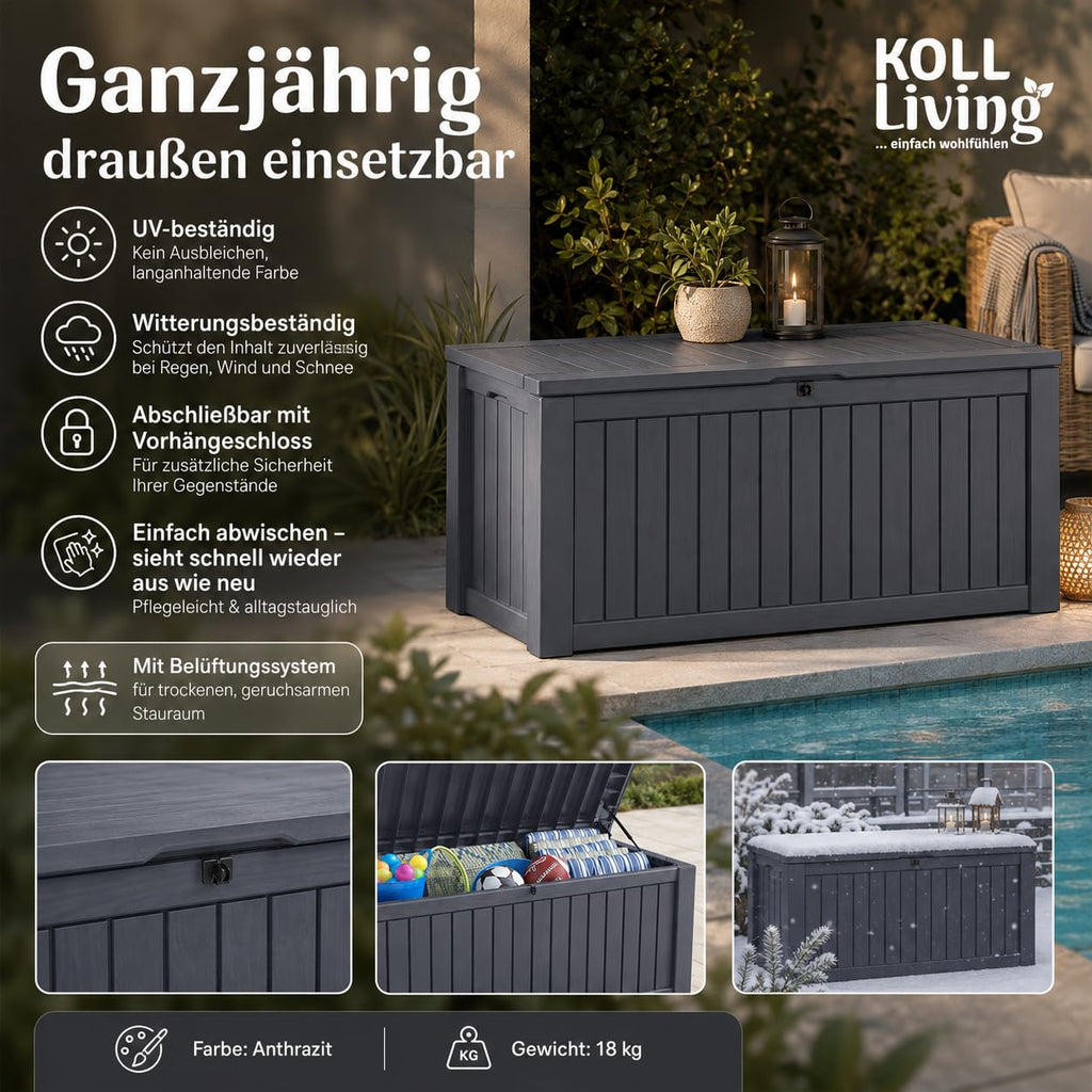 Auflagenbox 570 L aus Kunststoff in Anthrazit mit Holzoptik, wasserdicht und belüftet, Deckel bis 250 kg belastbar