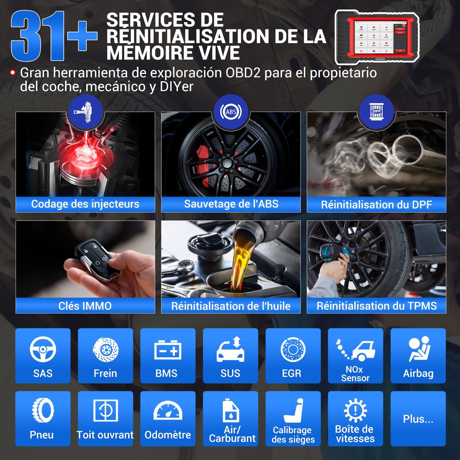 Valise diagnostic auto K7 OBD II écran 7 pouces codage ECU fonctions bidirectionnelles 31 services diagnostic tous systèmes