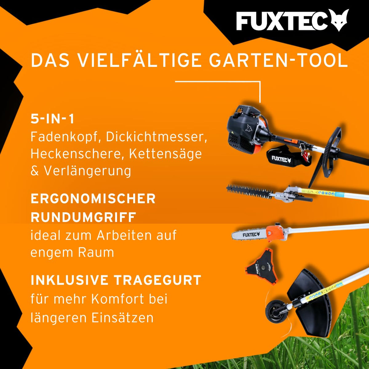 Benzin Motorsense 5in1 Multitool 52 ccm 3 PS mit Heckenschere, Hochentaster, Doppelfadenkopf und 3-Zahn-Messer