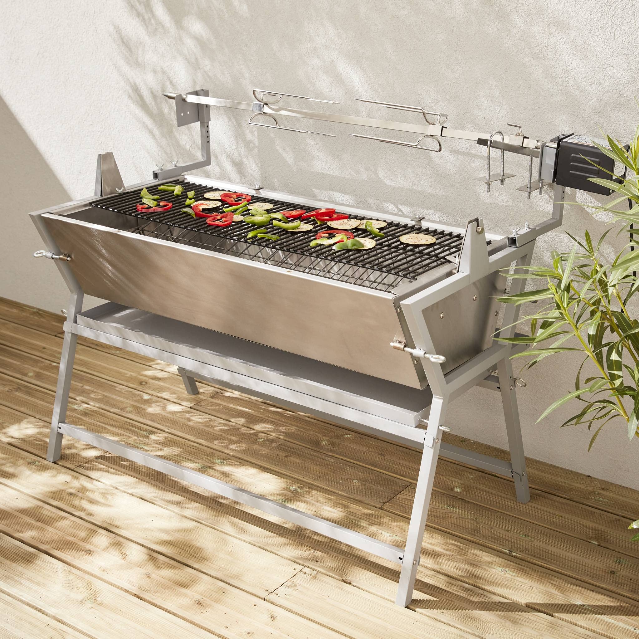 Rôtissoire électrique Mathurin Inox avec tournebroche inclinable 15 W pour barbecue charbon cuve inox