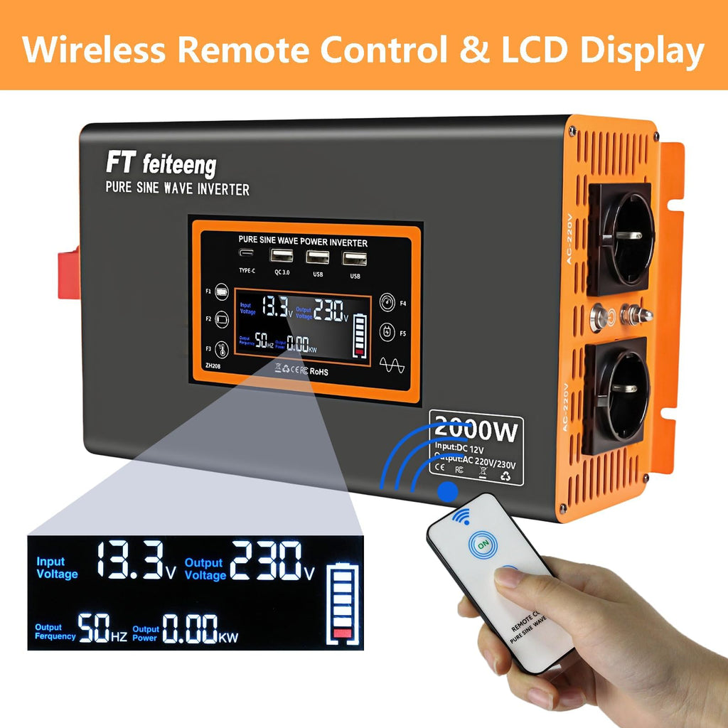 Convertisseur 12V 220V pur sinus 2000W avec puissance crête 4000W 2 prises CA port USB écran LCD et télécommande