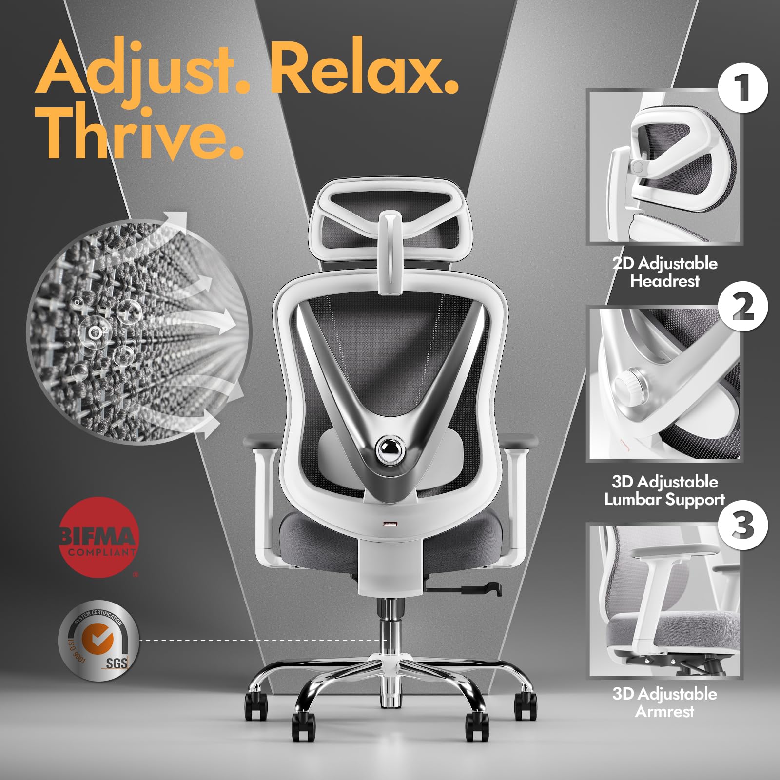 Chaise de bureau ergonomique V Chair Vchair-GR avec support lombaire 3D accoudoirs réglables 3D appui-tête réglable dossier en maille blanc