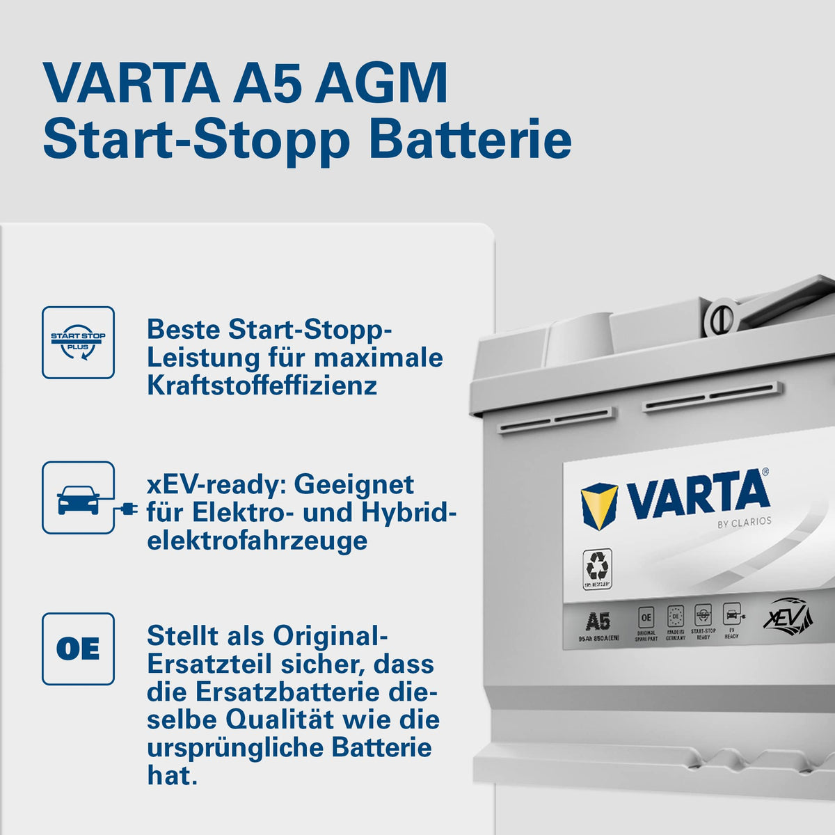 AGM Autobatterie 95Ah 850A 12V 353x175x190mm mit 6 Zellen SAE-Klemme für fahrzeugspezifische Anwendungen