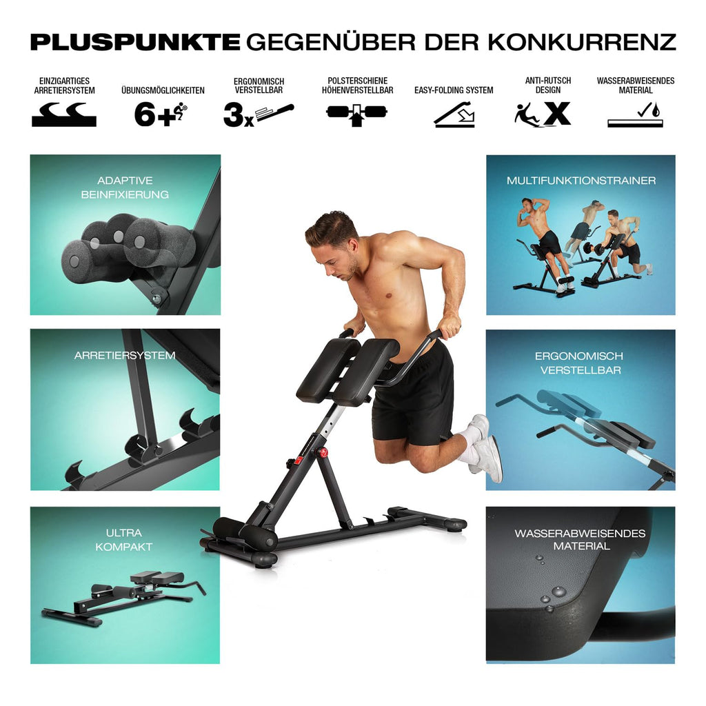 Hyperextension Rückentrainer für Zuhause, klappbar BRT150 mit 6-fach verstellbarer Polsterschiene und 130 kg Belastbarkeit