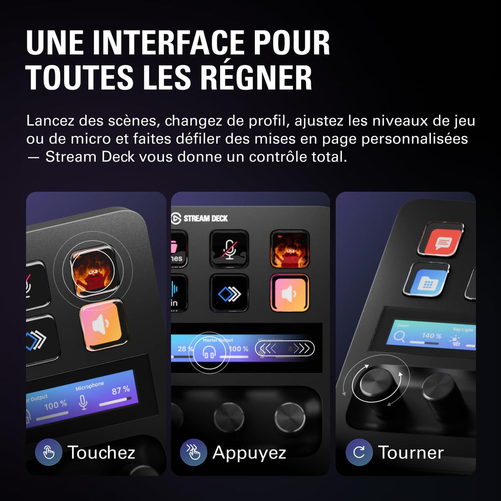 Console de mixage Stream Deck Plus avec touches LCD ruban tactile et connexion USB-C pour production audio vidéo Mac PC